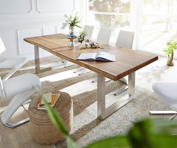 Jedálenský stôl Edge 260x100 XL prírodná akácia nerezová oceľ široká podnož