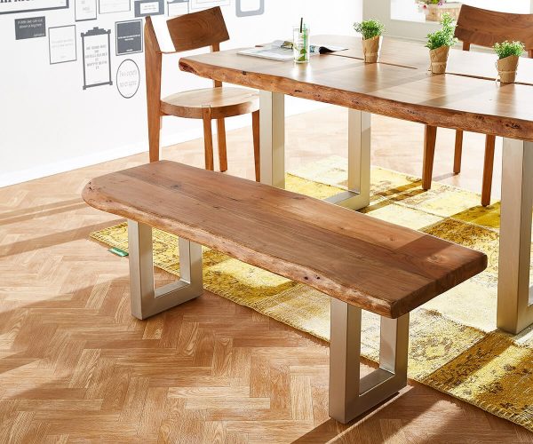 Dřevěná lavička Live Edge 135x40 cm přírodní akácie široká podnož