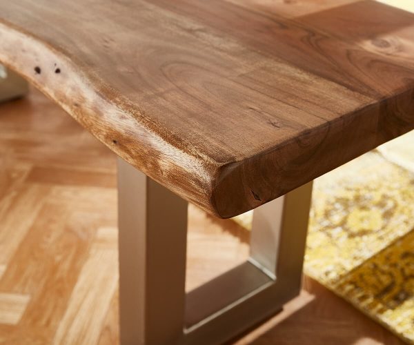 Dřevěná lavička Live Edge 135x40 cm přírodní akácie široká podnož - Image 3