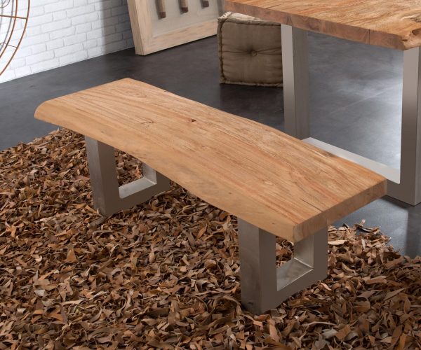 Dřevěná lavička Live Edge 135x40 cm přírodní akácie široká podnož - Image 5
