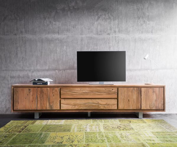 TV stolík Live Edge 300 cm akácia prírodná 4 dvierka 2 zásuvky - Image 2
