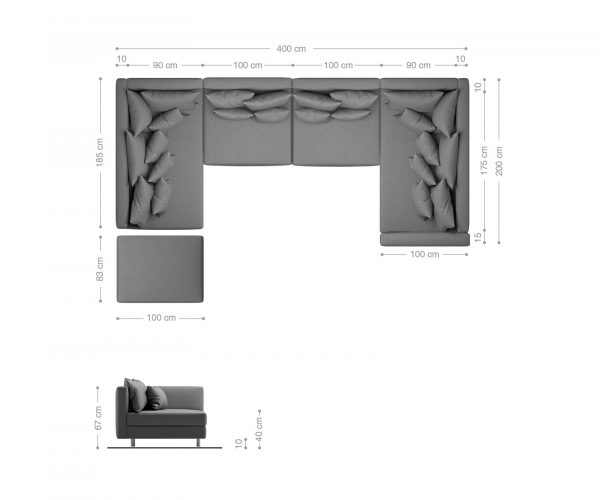 Pohovka v tvare U Clovis modular XL s čiernym taburetom a podrúčkami - Image 8