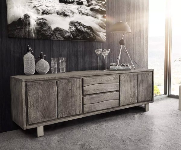 TV stolík Live Edge 200 cm akácia platina 4 dvierka 2 zásuvky
