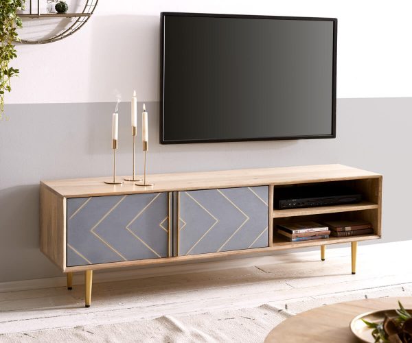 TV stolík Metropolitan 147 cm mango prírodný 2 dvierka betón mosadz