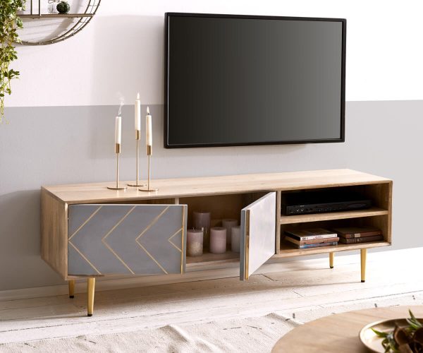 TV stolík Metropolitan 147 cm mango prírodný 2 dvierka betón mosadz - Image 2