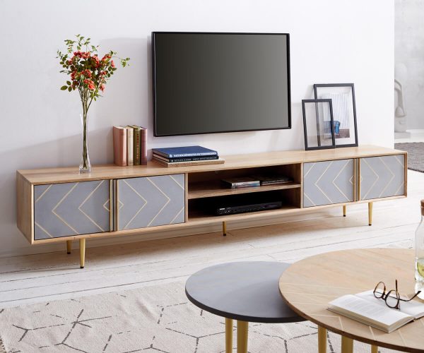 TV stolík Metropolitan 240 cm mango prírodný 4 dvierka betón mosadz