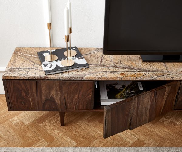 TV stolek Shia 200x35 cm masivní hnědý sheesham mramor 4 dvířka - Image 5
