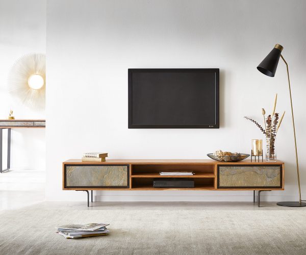 TV stolík Juwelo 200 cm prírodná akácia s kamennou dyhou 2 dvierka - Image 2