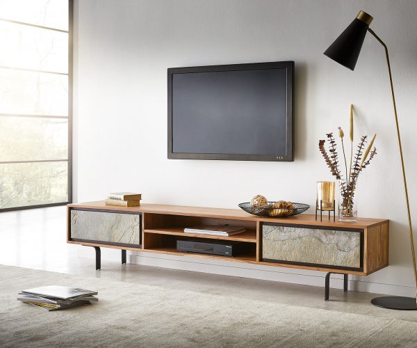 TV stolík Juwelo 200 cm prírodná akácia s kamennou dyhou 2 dvierka
