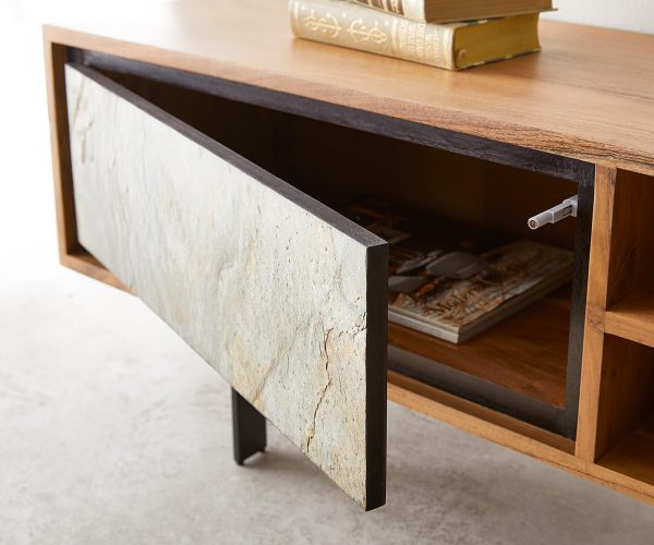 TV stolík Juwelo 200 cm prírodná akácia s kamennou dyhou 2 dvierka - Image 7