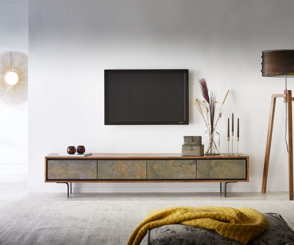 TV stolík Juwelo 200 cm prírodná akácia s kamennou dyhou 4 dvierka - Image 2