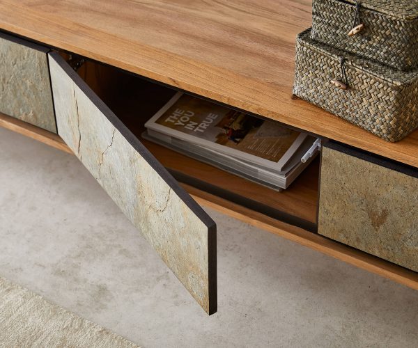 TV stolík Juwelo 200 cm prírodná akácia s kamennou dyhou 4 dvierka - Image 7