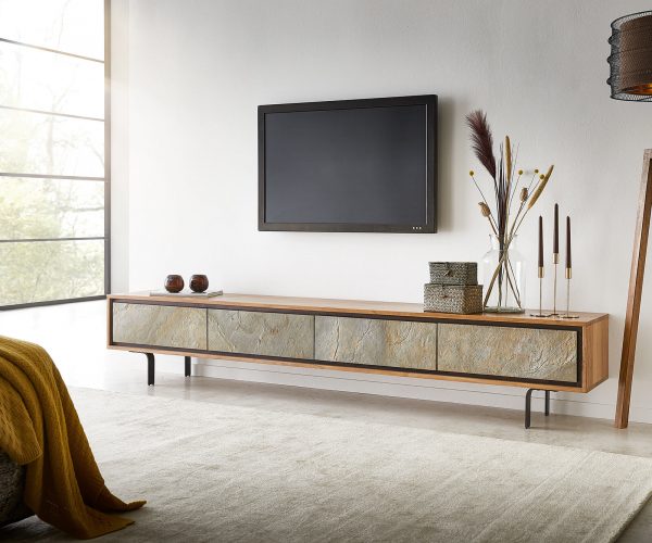 TV stolík Juwelo 220 cm prírodná akácia s kamennou dyhou 4 dvierka - Image 2