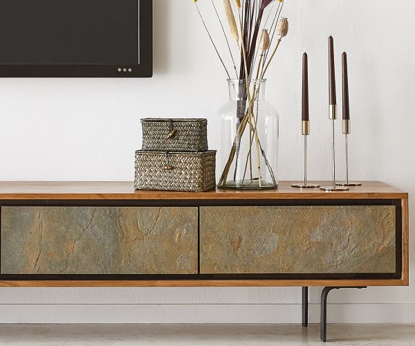 TV stolík Juwelo 220 cm prírodná akácia s kamennou dyhou 4 dvierka - Image 7