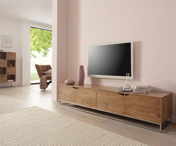TV stolík Loca 200x40 cm prírodná akácia 4 dvierka z masívneho dreva