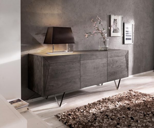 Komoda Wyatt 175 cm Akácia platina 3D vintage nerezová oceľ