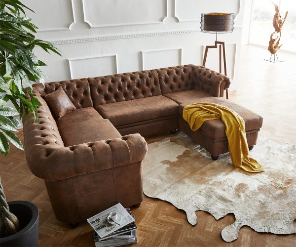 Pohovka v tvare U Chesterfield 266x88 cm hnedá prešívaná lenivá pohovka pravá - Image 2