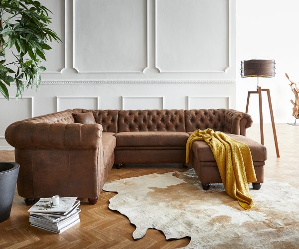 Pohovka v tvare U Chesterfield 266x88 cm hnedá prešívaná lenivá pohovka pravá