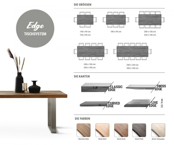 Jedálenský stôl Edge 200x100 Akácia platina Nerezová široká podnož Swiss edge - Image 8