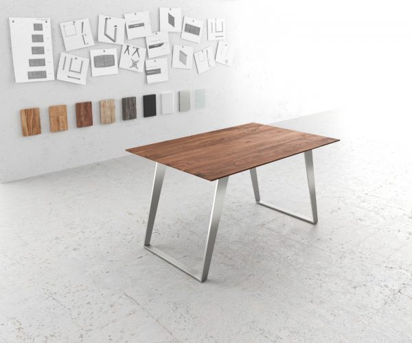 Jedálenský stôl Edge 140x90 cm Akácia hnedá Nerezová oceľ Uhlový podstavec Švajčiarsky okraj