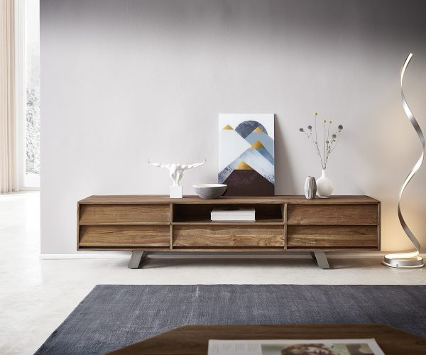 TV stolík Eloi 200x40 cm prírodný teak 1 priehradka 5 zásuviek - Image 4