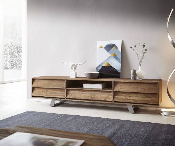 TV stolík Eloi 200x40 cm prírodný teak 1 priehradka 5 zásuviek