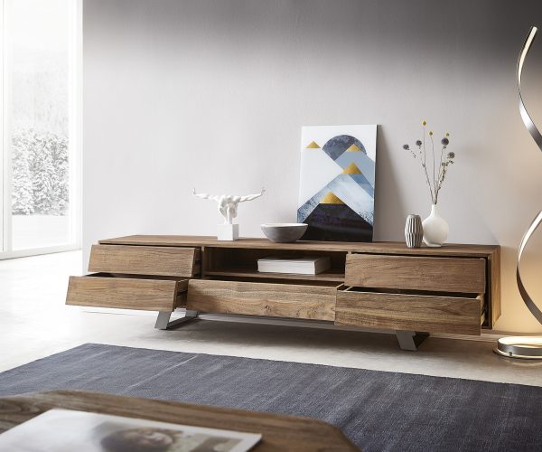 TV stolík Eloi 200x40 cm prírodný teak 1 priehradka 5 zásuviek - Image 2
