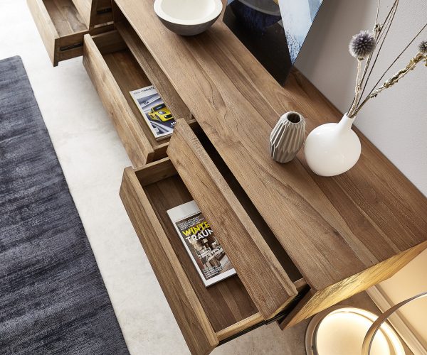 TV stolík Eloi 200x40 cm prírodný teak 1 priehradka 5 zásuviek - Image 5