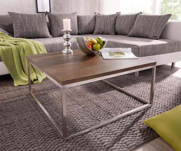 Konferenční stolek Tatius 80x80cm hnědá akácie podnož z nerezové oceli