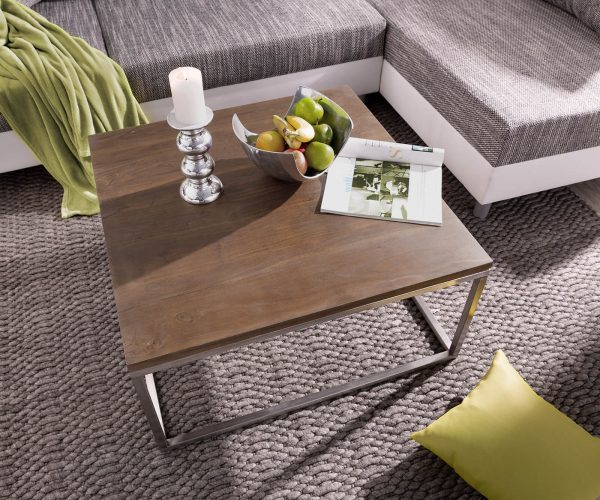 Konferenční stolek Tatius 80x80cm hnědá akácie podnož z nerezové oceli - Image 2