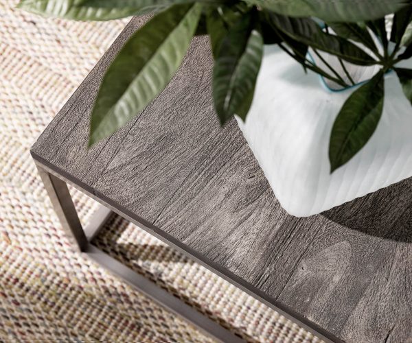 Konferenčný stolík Tatius 80x80 akáciová podnož platina nerezová oceľ priemyselný štýl - Image 4
