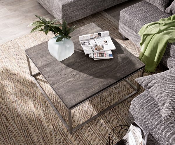 Konferenčný stolík Tatius 80x80 akáciová podnož platina nerezová oceľ priemyselný štýl - Image 2