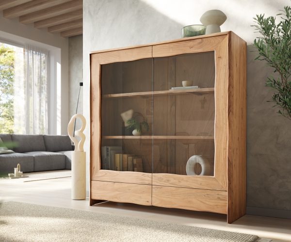 Vitrína Live Edge 140x150 cm přírodní akácie 2 dvířka 2 šuplíky masiv