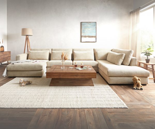 Pohovka v tvare U Isla 430 x 225 cm šenilová béžová lenoška pravá
