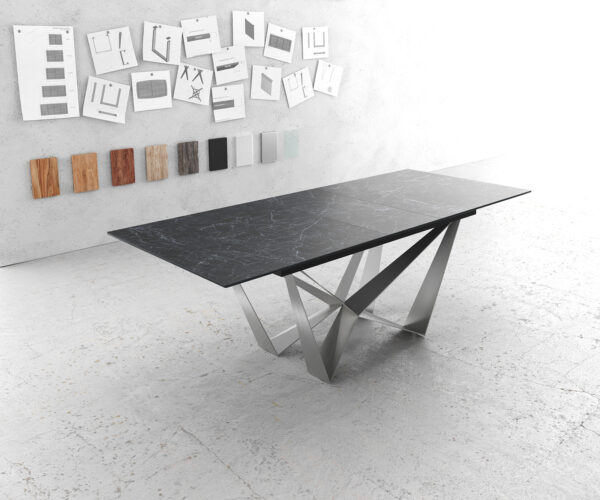 Jedálenský stôl Edge 180-220x90 cm keramika Laminam®Nero Greco antracitová stredová podstava plochá oceľ strieborná rozkladací