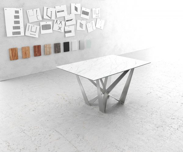 Jídelní stůl hrana 140x90cm Laminam® Keramická bílá středová noha plochá ocel stříbrná