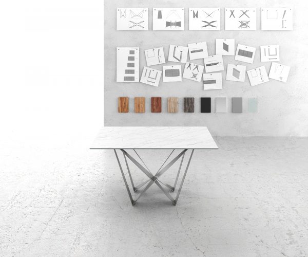 Jídelní stůl hrana 140x90cm Laminam® Keramická bílá středová noha plochá ocel stříbrná - Image 2