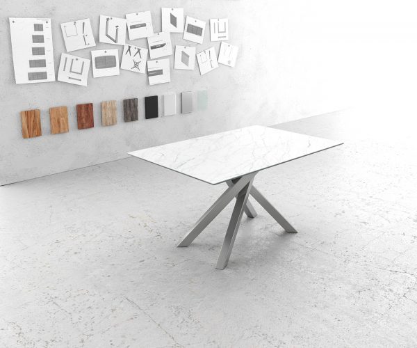 Jídelní stůl Edge 140x90 cm Laminam® keramika bílá křížová podnožová stříbrná