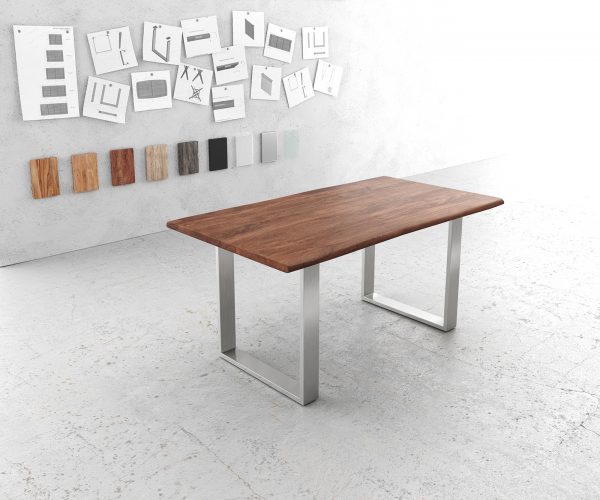Jedálenský stôl Edge 160x90cm akáciová hnedá nerezová oceľ úzka podnož
