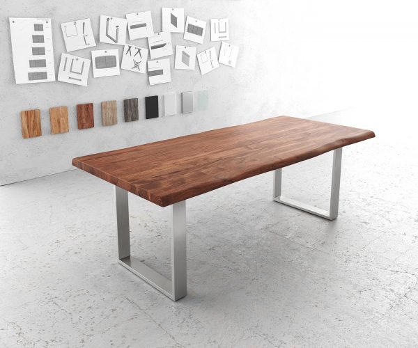 Jedálenský stôl Edge 220x100cm XL akáciová hnedá nerezová oceľ úzka