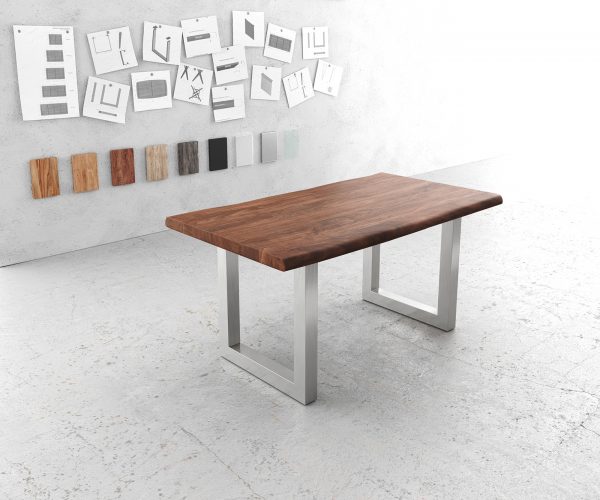 Jedálenský stôl Edge 160x90cm XL akáciová hnedá nerezová oceľ široký