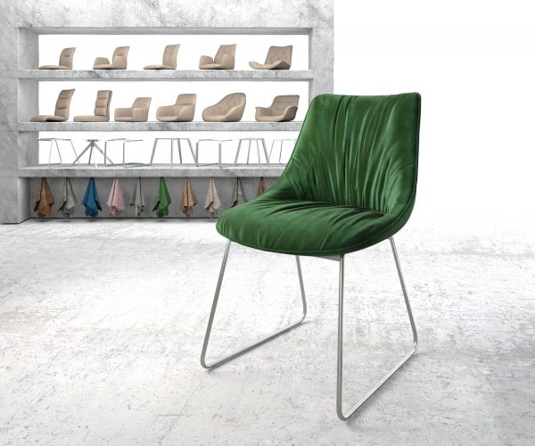 Jedálenská stolička Elda-Flex Velvet Green Skid Frame z nehrdzavejúcej ocele
