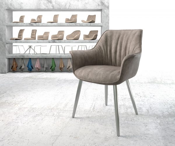 Jedálenská stolička Keila-Flex s podrúčkami taupe vintage kužeľovitá základňa z nerezovej ocele