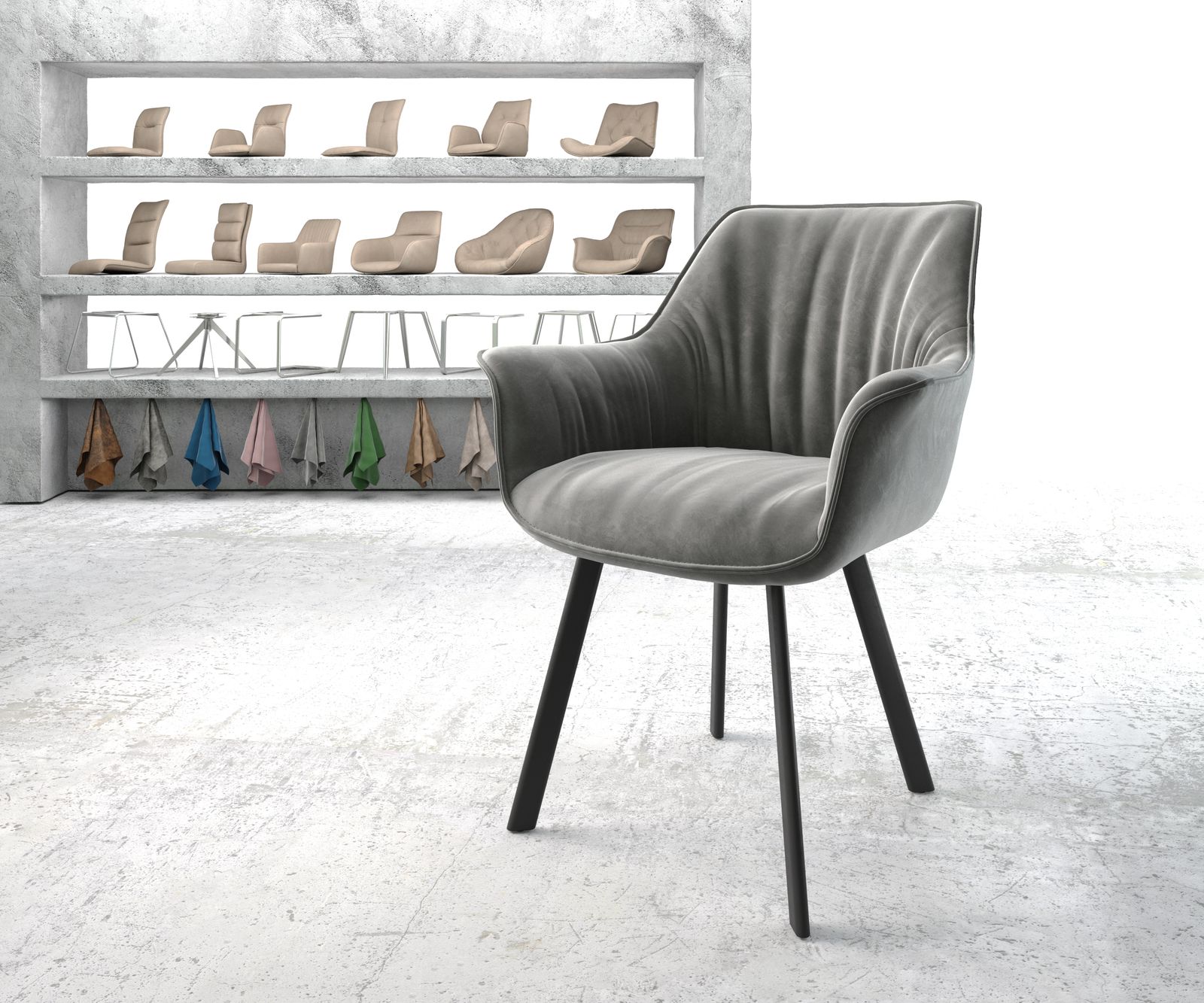 Jídelní židle Keila-Flex s područkami Samet Šedá čtyřnohá oválná Černá