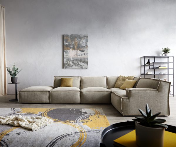 Rohová pohovka Basit 380x225 cm šenilová béžová lenivá pohovka vpravo s podnožkou - Image 2