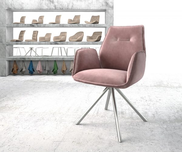 Otočná židle Zoa-Flex s područkami Velvet Rosé Křížová základna kulatá nerezová ocel 180° otočná