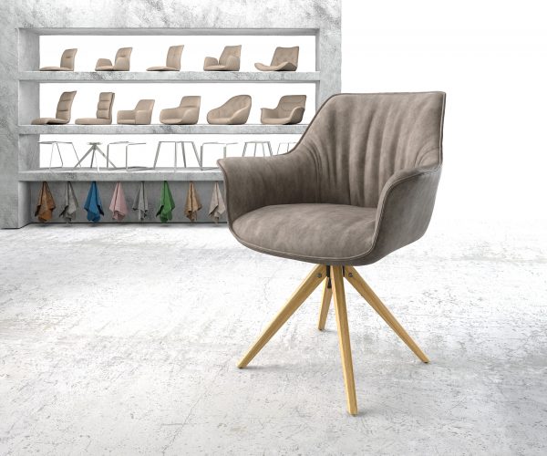 Otočná stolička Keila-Flex s podrúčkami taupe vintage z mikrovlákna s drevenou základňou