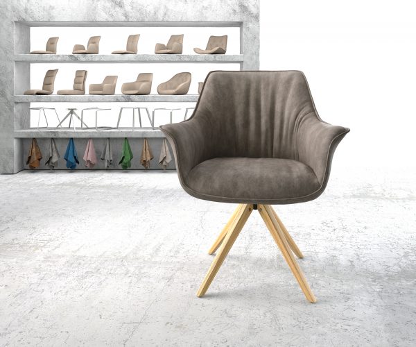 Otočná stolička Keila-Flex s podrúčkami taupe vintage z mikrovlákna s drevenou základňou - Image 2