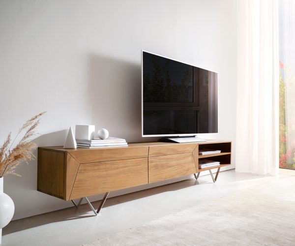 TV stolík Kayu 160 cm prírodná akácia 2 dvierka podstavec v tvare V