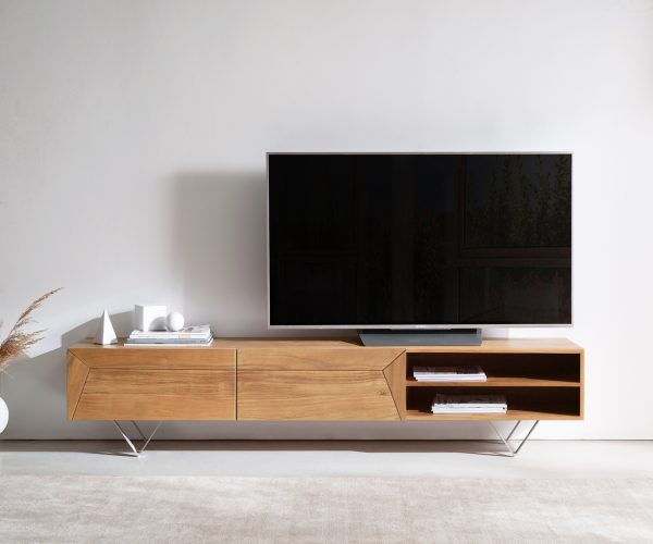 TV stolík Kayu 160 cm prírodná akácia 2 dvierka podstavec v tvare V - Image 2